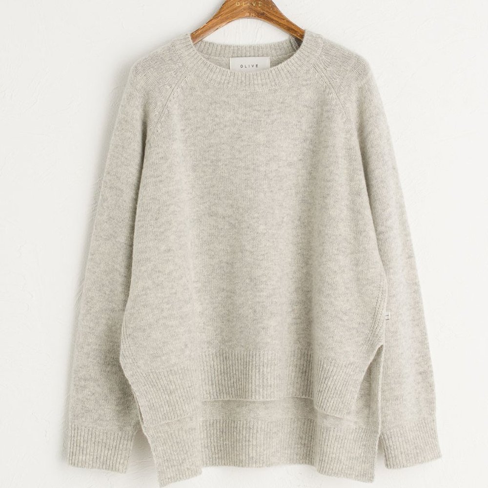 Olive Unbalanced Crew Neck Knit Sweater, Cloud (Grey)